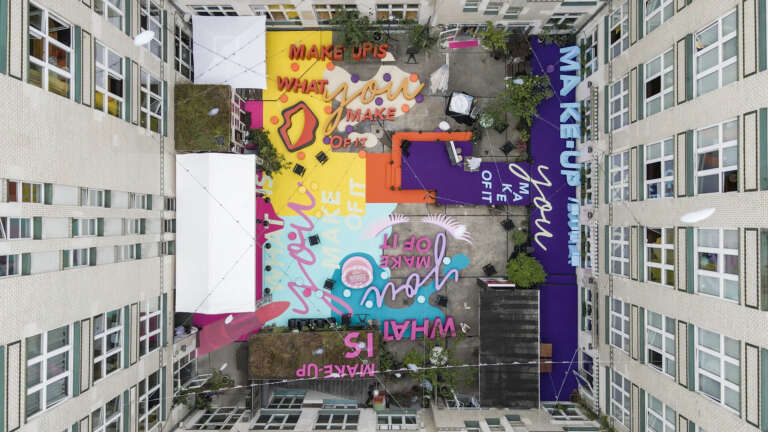 Colorful aerial view of the event courtyard transformed into a vibrant, branded got2b space.